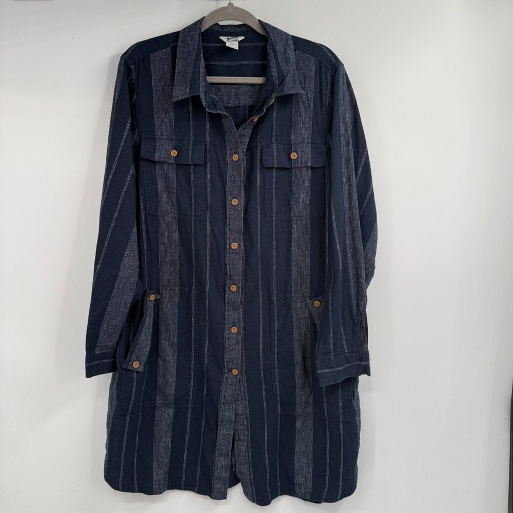 Duluth Trading Artisan Hemp Shirt Dress Size 2XL Blue Stripe Utility Long Sleeve